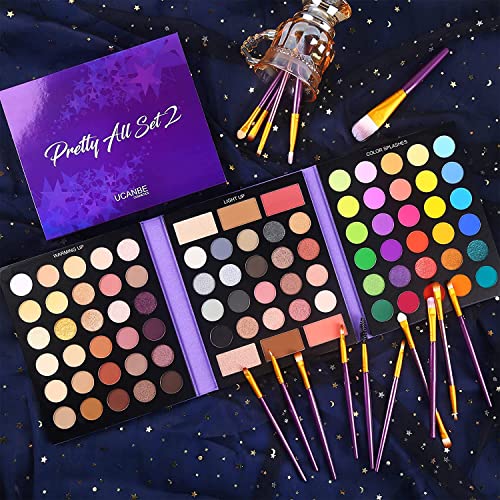 UCANBE Professional 86 Colors Eyeshadow Palette with 15pcs Makeup Brushes Set Matte Glitter Long Lasting Highly Pigmented Waterproof Contour Blush Powder Highlighter All in One