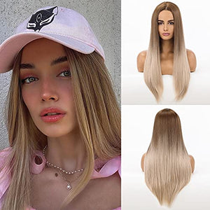 HAIRCUBE 20 Inch Nature Straight Ombre Wigs for White Women Black Root with Brown Hair Synthetic Wigs