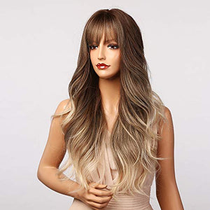 Esmee 24" Synthetic Wigs for Women Dark Roots Long Wig with Bangs Ombre Wavy Hair Realistic Simulation Scalp Middle Part