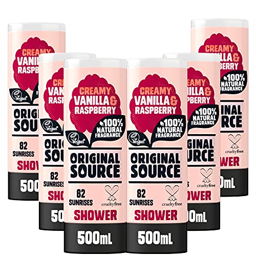 Original Source Vanilla Milk and Raspberry Shower Gel with 100% Natural Fragrance, Large Vegan Shower Gel, Paraben Free Body Shower Wash, Multipack of 6 x 500 ml