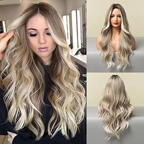 Esmee 24 Inches Long Wavy Mixed Silver Grey Synthetic Hair Wigs for Women Ombre Wig with Dark Roots for Daily Party Cosplay Use