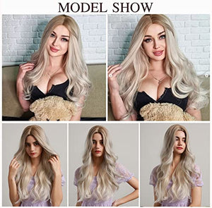 Esmee 24 Inches Long Wavy Mixed Silver Grey Synthetic Hair Wigs for Women Ombre Wig with Dark Roots for Daily Party Cosplay Use