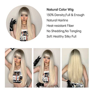 HAIRCUBE 20 Inch Nature Straight Ombre Wigs for White Women Black Root with Brown Hair Synthetic Wigs