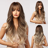 Esmee 24" Synthetic Wigs for Women Dark Roots Long Wig with Bangs Ombre Wavy Hair Realistic Simulation Scalp Middle Part