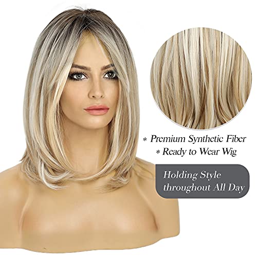 HAIRCUBE Long Blonde Wigs for Women Synthetic Hair Wig with Fringe Ombre Color