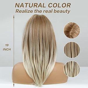 HAIRCUBE Long Blonde Wigs for Women Synthetic Hair Wig with Fringe Ombre Color