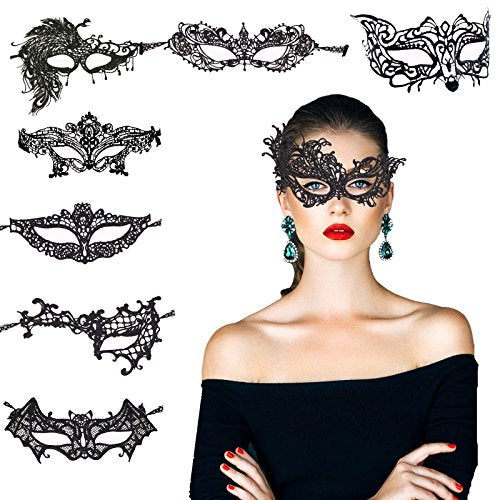 KAKOO 8 Packs Lace Masquerade Mask Sexy Eyemask Women Mysterious Eye Mask for Halloween Carnival Make Up Costume Ball Ladies Party Favors Black Venetian Masks for Adults