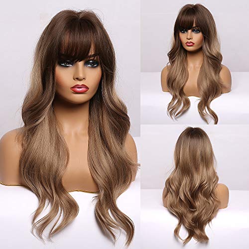 Esmee 24" Synthetic Wigs for Women Dark Roots Long Wig with Bangs Ombre Wavy Hair Realistic Simulation Scalp Middle Part