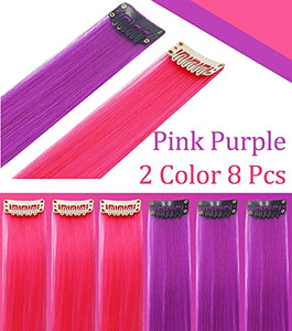 Rhyme Colored Hair Extensions Clip in For Girls Kids Women Hair Accessories Wig Hairpieces Christmas Halloween Gift birthday Cosplay Hairstyles 8 Pieces (Pink Purple Blue Teal)