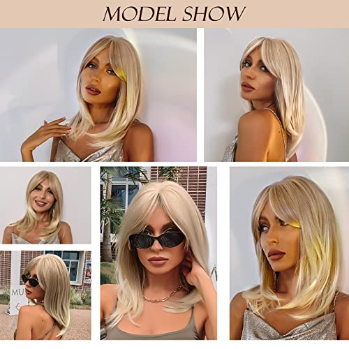 HAIRCUBE Long Blonde Wigs for Women Synthetic Hair Wig with Fringe Ombre Color