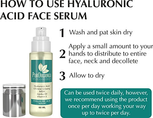 PurOrganica Hyaluronic Acid Face Serum - Huge 60 ML Bottle - The Best Anti Ageing & Anti Wrinkle Serum - This Premium Organic Serum Will Plump, Hydrate & Brighten Skin While Filling In Those Fine Lines & Wrinkles - It Works or Your Money Back Guarantee