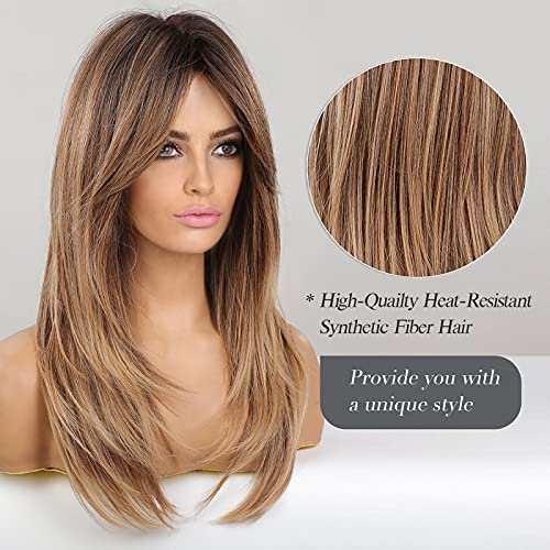 HAIRCUBE Long Blonde Wigs for Women Synthetic Hair Wig with Fringe Ombre Color