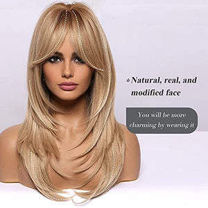 HAIRCUBE Long Blonde Wigs for Women Synthetic Hair Wig with Fringe Ombre Color