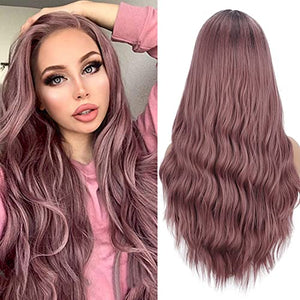 colorful panda Long Pink Wigs for Women Natural Synthetic Hair Ombre Pink Wig with Dark Roots Synthetic Wig Loose Wavy Wigs Heat Resistant 26 Inches