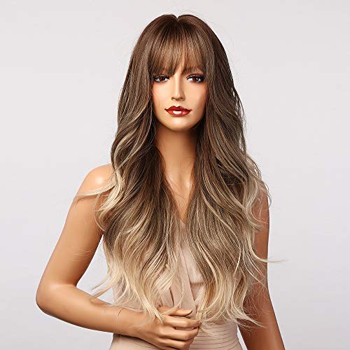 Esmee 24" Synthetic Wigs for Women Dark Roots Long Wig with Bangs Ombre Wavy Hair Realistic Simulation Scalp Middle Part