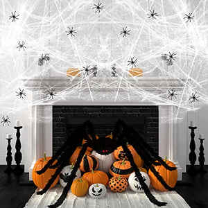 RMMD 100g Spider Web Decoration 120 Pcs Fake Spiders Halloween Cobwebs Giant Fake Spider Web 400sqft Stretchable Cobwebs with White Large Halloween Spider Web Decorations for Indoors/Outdoors