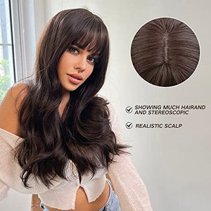 Esmee 24" Synthetic Wigs for Women Dark Roots Long Wig with Bangs Ombre Wavy Hair Realistic Simulation Scalp Middle Part