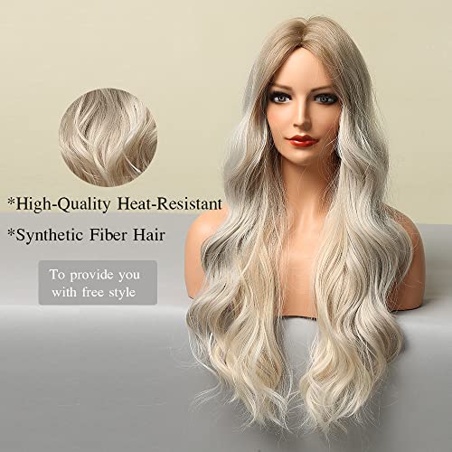 Esmee 24 Inches Long Wavy Mixed Silver Grey Synthetic Hair Wigs for Women Ombre Wig with Dark Roots for Daily Party Cosplay Use