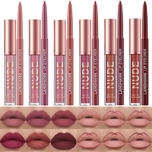 6 Matte Lipstick with 6 Lipliners Durable Lip Gloss Long-Lasting Non-Stick Cup Not Fade Waterproof High Pigmented Velvet Lipgloss Kit Beauty Cosmetics Makeup Gift for Girls Lipstick Set(12PCS)
