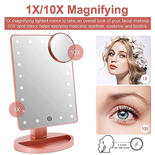 Makeup Vanity Mirror with Lights, Lighted Makeup Mirror with Detachable 10X Magnification, 21 Led Lights Adjustable Dimming Touch Sensor, Dual Power Supply, 180° Rotation, Portable Cosmetic Mirror