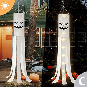 180CM Halloween Windsocks with Light 2 Sets Halloween Windsock Flags for Hanging Halloween Decoration Hanging Windsocks with Double Sides Ghost Design for Door Garden Window Yard Outdoor Decor