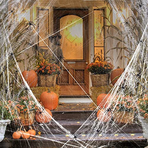 RMMD 100g Spider Web Decoration 120 Pcs Fake Spiders Halloween Cobwebs Giant Fake Spider Web 400sqft Stretchable Cobwebs with White Large Halloween Spider Web Decorations for Indoors/Outdoors