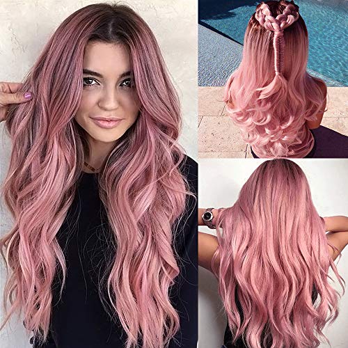 colorful panda Long Pink Wigs for Women Natural Synthetic Hair Ombre Pink Wig with Dark Roots Synthetic Wig Loose Wavy Wigs Heat Resistant 26 Inches