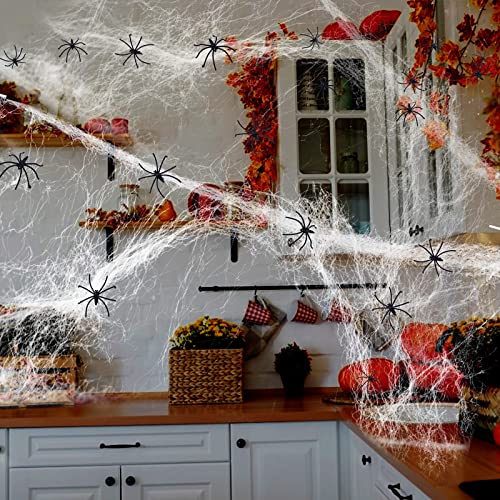 RMMD 100g Spider Web Decoration 120 Pcs Fake Spiders Halloween Cobwebs Giant Fake Spider Web 400sqft Stretchable Cobwebs with White Large Halloween Spider Web Decorations for Indoors/Outdoors