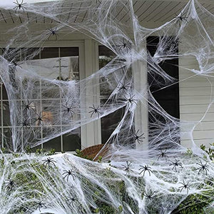 RMMD 100g Spider Web Decoration 120 Pcs Fake Spiders Halloween Cobwebs Giant Fake Spider Web 400sqft Stretchable Cobwebs with White Large Halloween Spider Web Decorations for Indoors/Outdoors