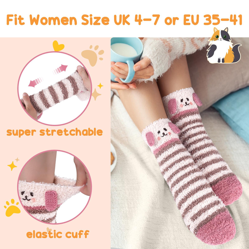 Christmas Gifts for Women Fluffy Socks - Ladies Fluffy Bed Socks Womens Girls Cosy Fuzzy Warm Thermal Dog Cat Socks 4-7, Stocking Fillers Women Advent Calendar 2023 Secret Santa Xmas Gifts Mum Her