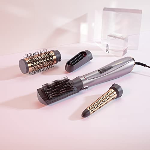 BaByliss 4 in 1 Hair Dryer Styler in metallic lavender with black detailing and interchangeable brush and barrel attachments