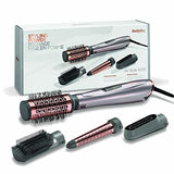 BaByliss 4 in 1 Hair Dryer Styler with a metallic lavender handle, pink round brush and three interchangeable styling attachments