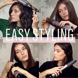BaByliss 4 in 1 Hair Dryer Styler with silver and black styling attachments shown creating curls, volume and smooth hair