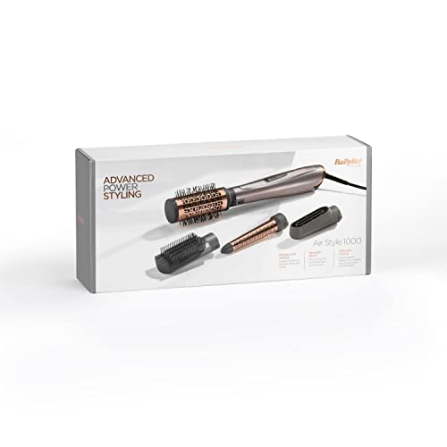BaByliss 4 in 1 Hair Dryer Styler with silver and rose-gold body, shown with interchangeable brush and styling attachments