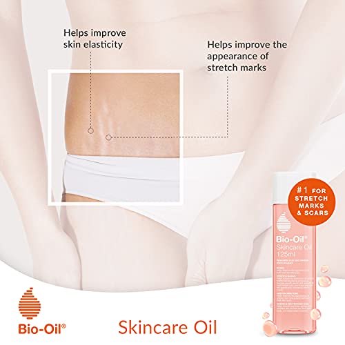 Bio-Oil Skincare Oil bottle with a clear body, coral label, and orange cap beside messaging about stretch marks and skin elasticity