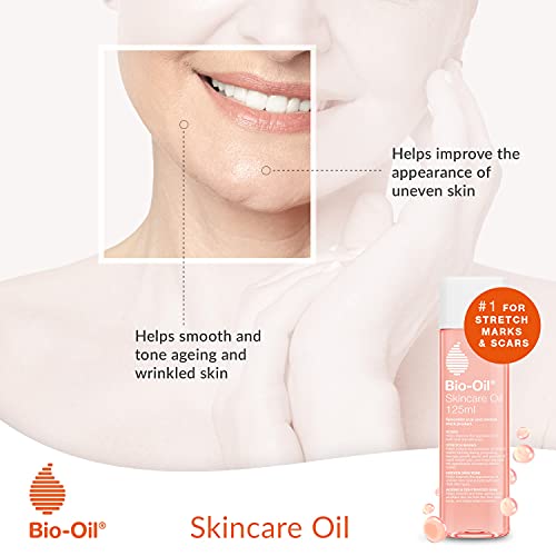 Bio-Oil Skincare Oil skincare bottle in a peach-pink package, with promotional text about uneven skin and wrinkles