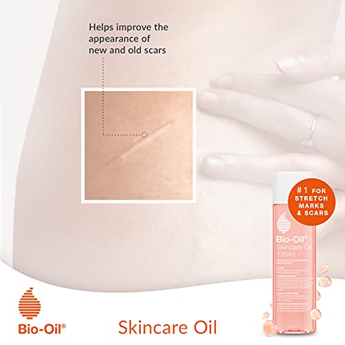 Bio-Oil Skincare Oil bottle with a pink label, shown alongside packaging text about improving the appearance of scars