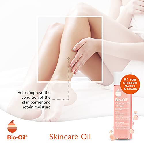 Bio-Oil Skincare Oil in a clear pink-tinted bottle with a white cap, shown beside a stretch marks and scars skincare promotion