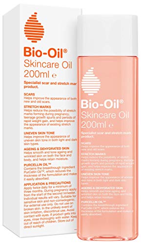 Bio-Oil Skincare Oil in a clear pink-tinted bottle with orange oil-drop branding and a white product box