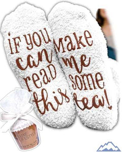 Funny womens birthday gift fluffy white socks with tea message and cupcake packaging