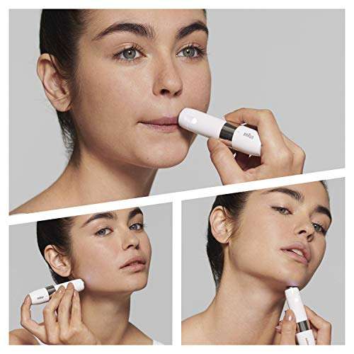 Woman using Braun facial hair remover with smart light on various facial areas
