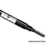 Brown Waterproof Eyebrow Pencil with a glossy black retractable body, silver label band and spiral brow comb brush