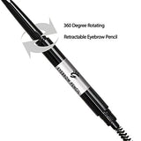 Brown Waterproof Eyebrow Pencil with a glossy black retractable body, silver label band and spoolie brush end