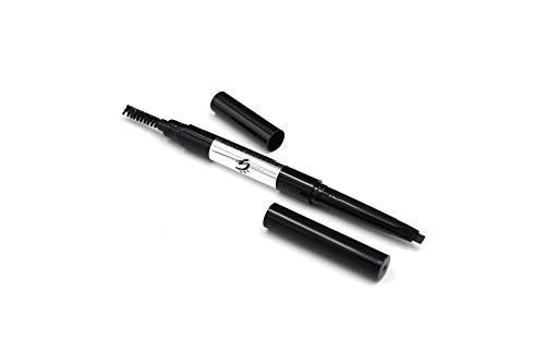 Brown Waterproof Eyebrow Pencil with black retractable body, exposed brow pencil tip, and spoolie brush at the opposite end