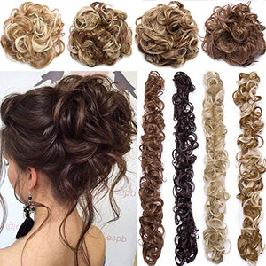Bun Up Do Hair Extensions shown as curly chignon buns and long spiral ponytail pieces in blonde, brown and black shades