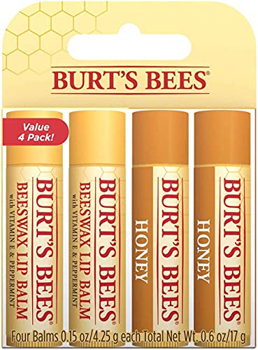 Burt's Bees Honey Lip Balm pack with four golden tubes, honeycomb-patterned blister card and a red value-pack label