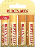 Burt's Bees Honey Lip Balm pack with four golden tubes, honeycomb-patterned blister card and a red value-pack label