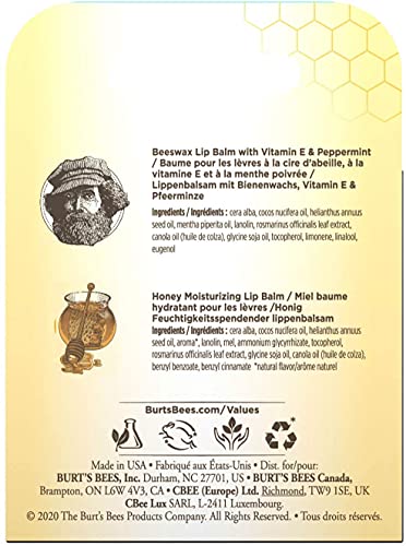 Burt's Bees Honey Lip Balm box with a pale yellow beeswax cell pattern, honey jar illustration and green product text.