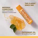 Burt's Bees Honey Lip Balm tube in yellow-orange packaging beside honeycomb and green leaves, with peppermint oil text