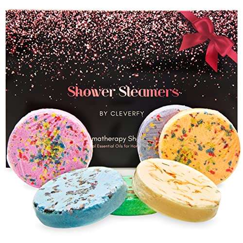 Pack of six colorful Cleverfy aromatherapy shower steamers with gift box
